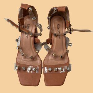 Womens 33 Ankle Strap Sandles Brown Studded Block Heel‎ Strappy Shoes